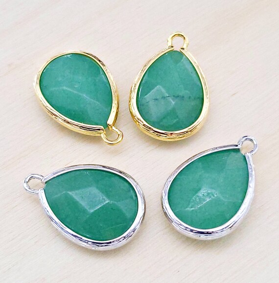 2 pcs Light Green Jade synthetic stone pendants in Bright Gold Rhodium bezel frame gemstone charms jewelry supply 5069 LGJ