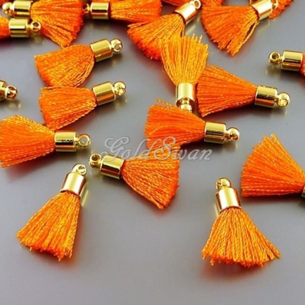 4 small bright orange color colorful tassels, tassel with brass metal bail 2049G-OR