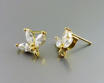 2 pieces / 1 pair gold CZ 3-leaf sprout stud earrings, crystal rhinestone earrings, bridal wedding earrings E1760-BG earrings