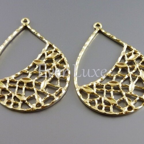 2 Large Beautiful Filigree Pendants Matte Gold Metal Iron Etsy