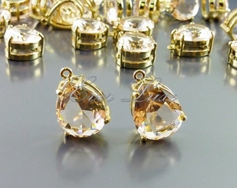 2 champagne faceted teardrop glass charms in brass setting, wedding / bridal, jewelry making P5067G-CH