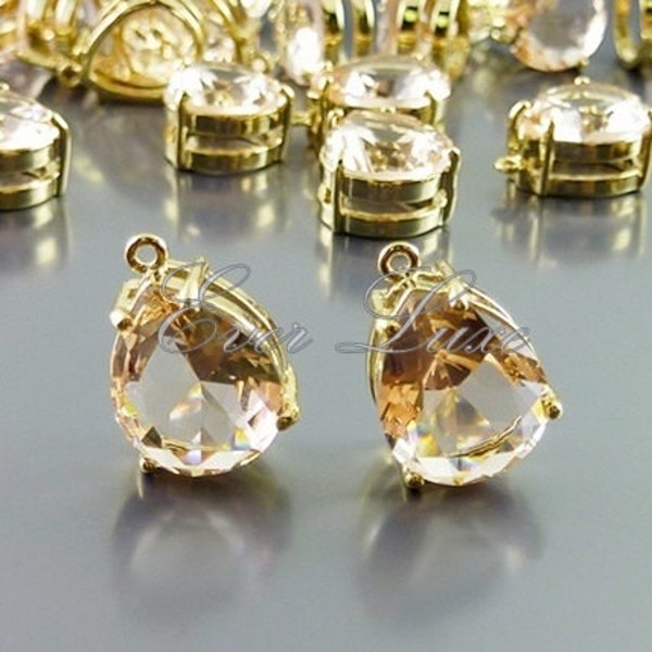 2 champagne faceted teardrop glass charms in brass setting, wedding / bridal, jewelry making P5067G-CH