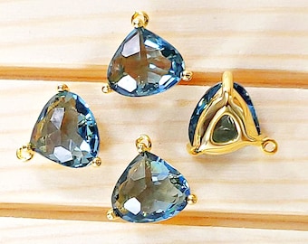 2 pcs Slate Blue triangle glass pendants with bright gold frames, colorful glass stone charms / jewelry supplies P5133G-STB