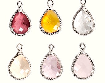 Set of 6 assorted Clear, Red, Pink, Pink Ice,  Champagne, Ruby color glass stone pendants with silver rope rim lot #21, 5054R-21