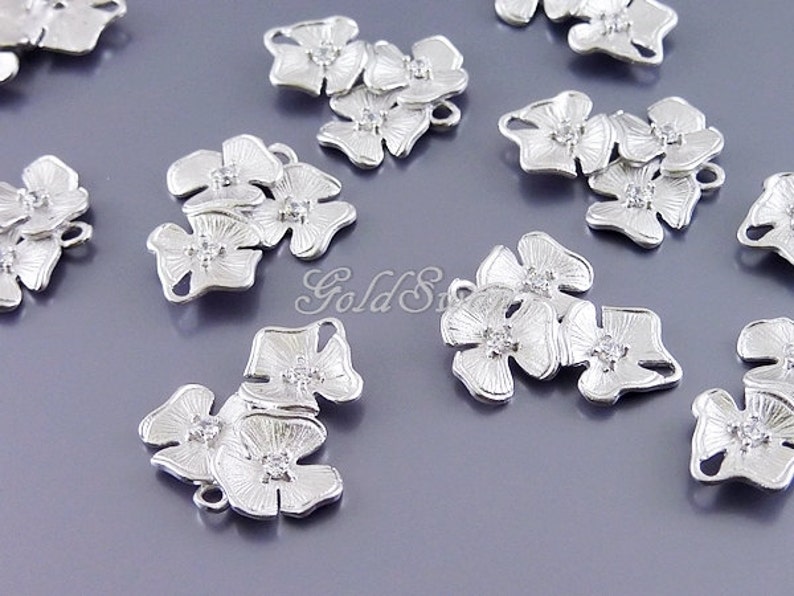 matte silver flower charms wedding jewelry 1388-MR flower pendant 15/% SALE 2 flower bouquet charms with CZ Cubic Zirconia accent