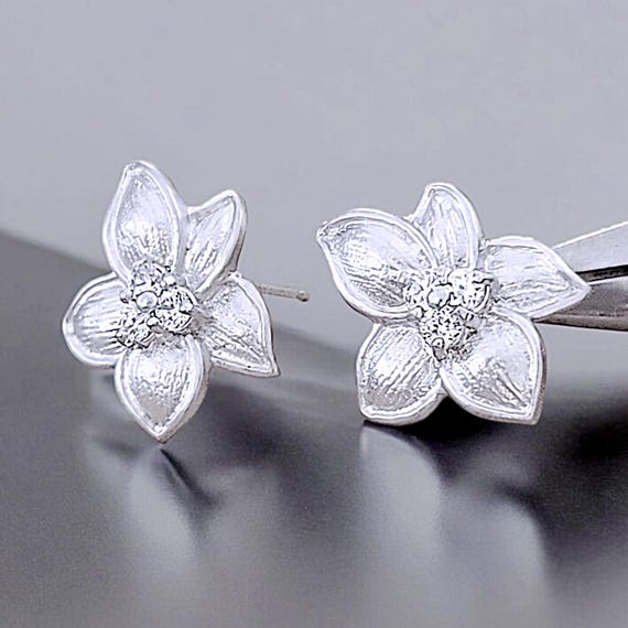 Pink Flower Stud Earrings 14mm Faceted Petals and Crystal Center Sterling Silver Pink Flower Stud Earrings 14mm Faceted Petals and Crystal Center Sterling Silver