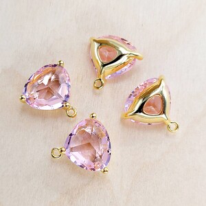 2 Light Pink triangle glass pendants in Gold frame, colorful glass stone charms, jewelry making supplies, crafts P5133G-PK