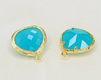 2 mint green glass stone in textured gold bezel setting, glass pendant charms for jewelry designs 5058G-MI