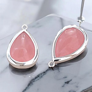 Silver Framed Strawberry Quartz Briolette Charms: Teardrop Pendants (2 pcs)