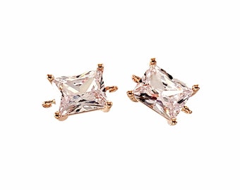 2 pcs of High Quality Cubic Zirconia very sparkly Rose Gold Setting beautiful, opened 2-looped rectangle shape glass CONNECTOR C5164RG-CL-CZ