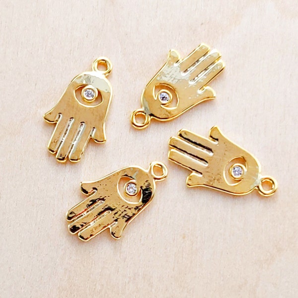 2pcs Hamsa evil eye charms, 18k Bright Gold hand charms, CZ Cubic Zirconia pendants, jewelry making supplies 1664-BG