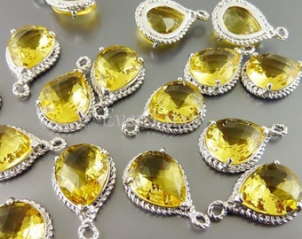 2 pcs Yellow Topaz Faceted tear drop glass with rhodium/silver rope rim pendants charms 5054R-TO