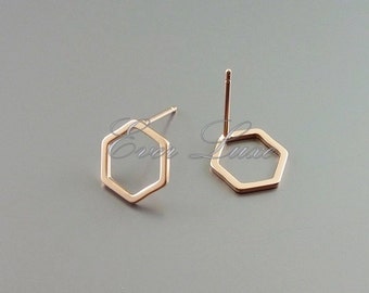 Pendientes de botón con forma de panal de abeja en oro rosa mate: Hexágono de latón de 10 mm (2 pares)
