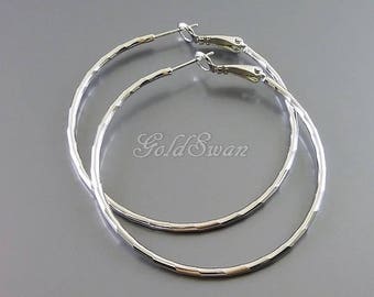 2 pcs / 1 pair large 50mm shiny silver textured hoop earrings, earring hoops, ear wires 977-BR-50