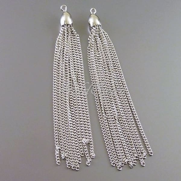 2 pcs 70mm long shiny rhodium (silver) plated brass chain tassels, Bohemian tassels, long tassel 2078-BR-70