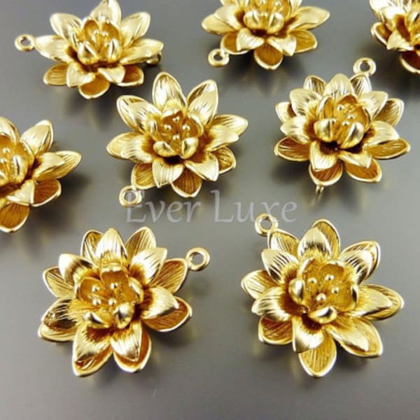 2 Lotus blossom links, matte gold plated brass, flower pendants, lotus charms, jewelry supplies C1595-MG