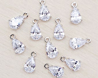 4 small simple clear CZ Cubic Zirconia teardrop charms 6mm x 4mm 1885R-CL