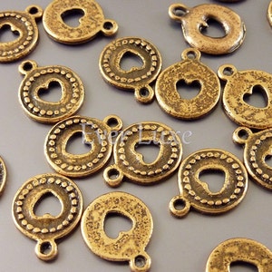 8 Antiqued Brass Heart Charms: Round Dotted Frame, Jewelry Components