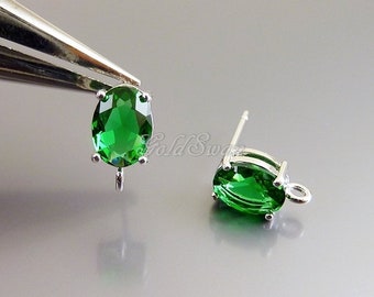 2 pieces / 1 pair Emerald green glass crystal earrings in silver setting, earring making supplies 5162R-EM