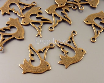 8 Antiqued Golden Brass Flying Dove Charms: Jewelry Making (22mm)