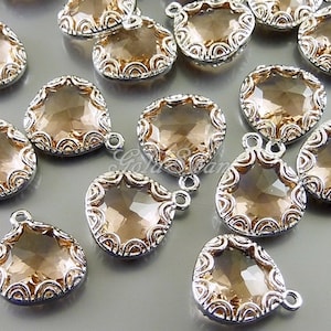 2 champagne fancy lace rim framed glass pendants, jewelry making supplies, glass charms 5045R-CH