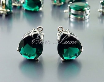 2 emerald green faceted teardrop glass charms in brass setting, wedding / bridal jewelry P5067R-EM