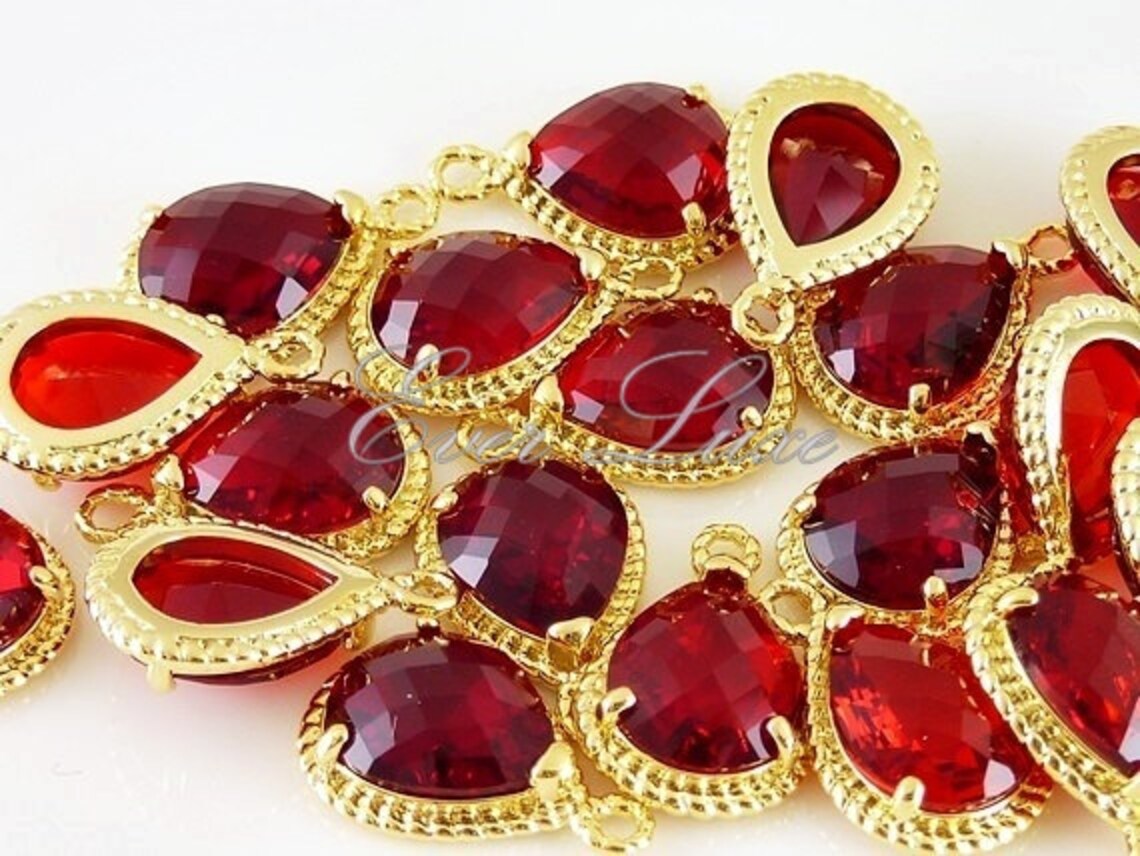 2 Siam / Bold Red Glass Stone Pendants With Gold Rope Rim Etsy