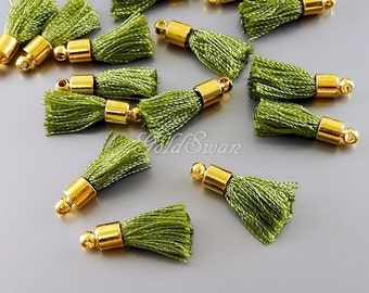 4 olive green color tassels, colorful green cotton silk tassels with gold cap 2049G-OL