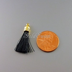 May include: A black tassel with a gold metal top. The tassel is about the size of a US penny.