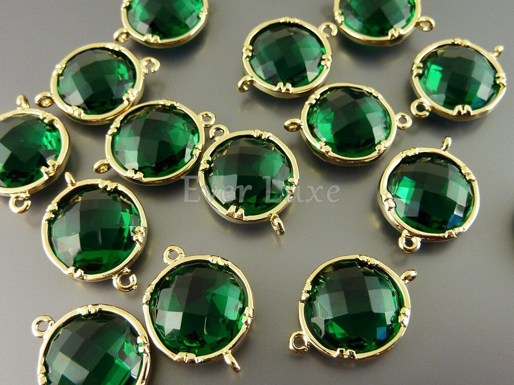 2 emerald green 12mm glass connectors, grass green faceted round glass connectors 5014G-EM-12 (bright gold, emerald, 12mm, 2 pieces)
