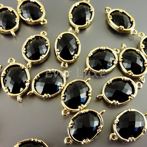 2 Faceted oval round black glass, gold plated bezel connectors / making jewelry, jewellery design 5041G-BL (bright gold, black, 2 pieces)