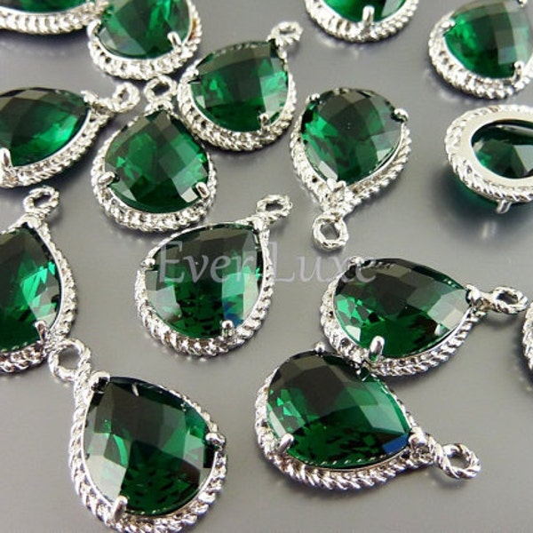 2 Emerald green glass stone pendants with silver rope rim / charming pendants with rhodium frame 5054R-EM