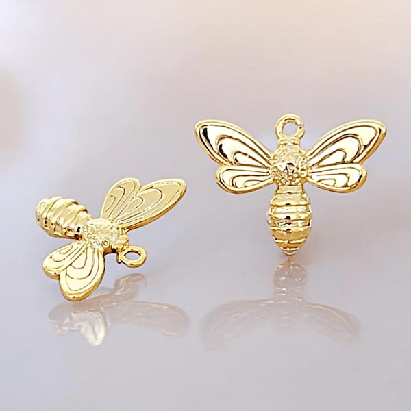 14K Gold Honey Bee Charms: DIY Jewelry Connectors (14mm)