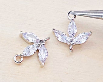 2 CZ Cubic zirconia 3-leaf sprout connectors, zircon crystal rhinestone charms, wedding / bridal jewelry supplies C1760-BR / connectors