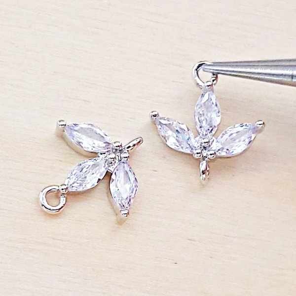 2 CZ Cubic zirconia 3-leaf sprout connectors, zircon crystal rhinestone charms, wedding / bridal jewelry supplies C1760-BR / connectors