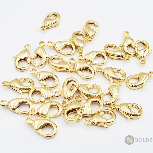 10 Gold Plated Brass Lobster Clasps: 12mm Jewelry Making Supplies