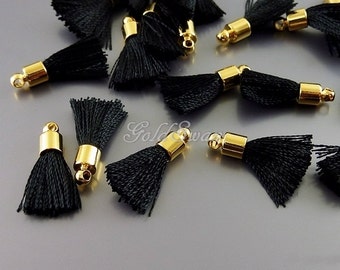 4 Stk./40 Stk. mit Mengenrabatt Grosshandelspreis schwarz & gold, 18mm kleine Quasten Charms, schwarzer Schmuck / Bastelquasten 2049G-BL