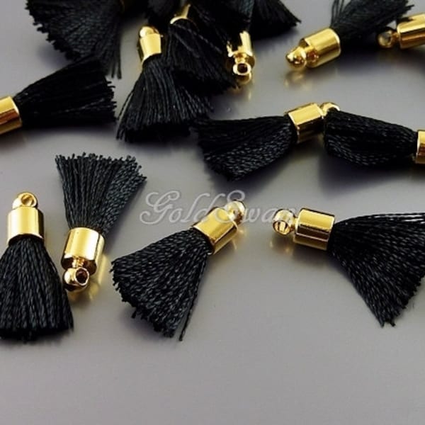 4 pcs black & gold, 18mm tiny tassel charms, black jewelry / craft tassels 2049G-BL