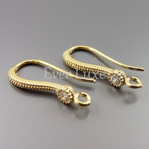 4 pcs / 2 pairs textured hook ear wires with CZ cubic zirconia accent, gold earrings components 1818-BG image 1