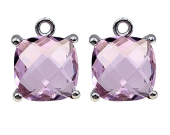 2 pcs ~0.3" (~6mm) simple elegant square glass pendants in Light Pink with silver/rhodium frame 5109R-PK