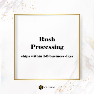 May include: A white square with a gold border, the text "Rush Processing" and the text "ships within 1-3 business days".