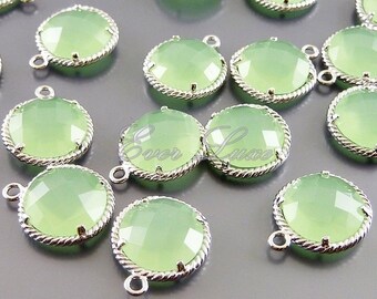 2 light green round glass with rope rim pendants, colorful stone charms / jewelry supplies 5128R-LG