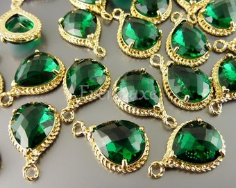 2 pcs green Emerald Faceted tear drop glass with16K Gold rope rim pendants charms 5054G-EM