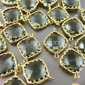 2 anthrazit / anthrazit-farbene Glasverbinder mit goldenem Rahmen 13 mm Rautenform, Glasperlen 5022G-GR-13
