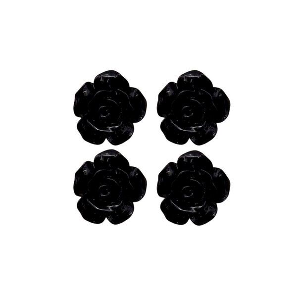 4 pcs Black 13mm blossomed rose flower resin cabochons, cabs with flat backs for rings, earrings, jewelry supplies 5009-BL