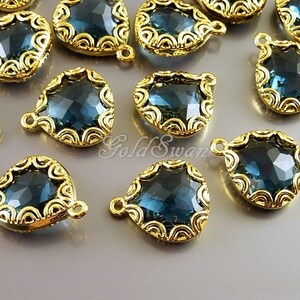 2 Blue Sapphire Glass Pendants: Gold Lace Rim Charms