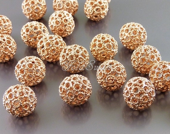 4 Matte Rose Gold 10mm Filigree Ball Beads, Round Filigree Spacers