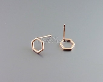4 geometric hexagon rose gold earrings, 7mm matte rose gold plated honeycomb stud earrings 1074-MRG-7