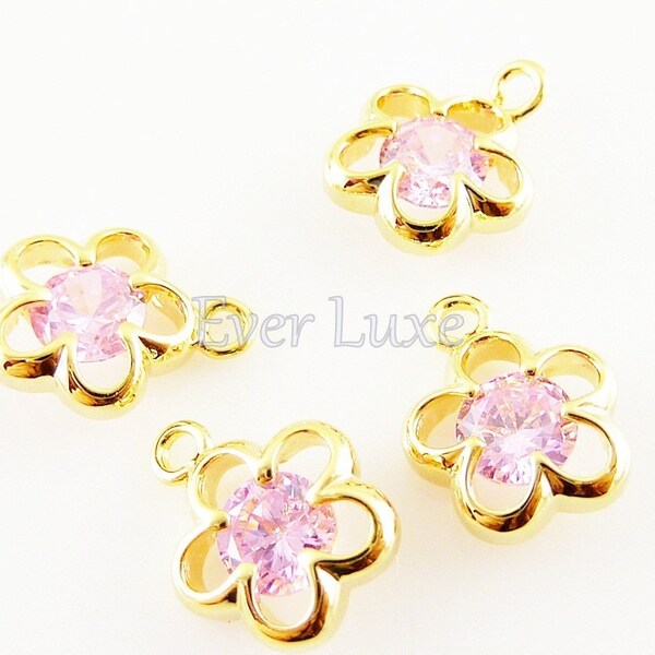 Pink Daisy charms CZ Cubic Zirconia charms gold plated flower charms for necklace / bracelet / jewelry making 5070G-PK (gold, pink, 4 pcs)