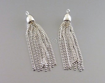 2 pcs shiny rhodium silver 40mm long 10-strand metal chain tassel, Bohemian tassels, chain tassels, earrings 2078-BR-40